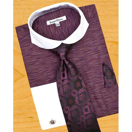 Daniel Ellissa Wine Self Design With Spread Collar Shirt / Tie / Hanky Set With Free Cufflinks DS3759P2